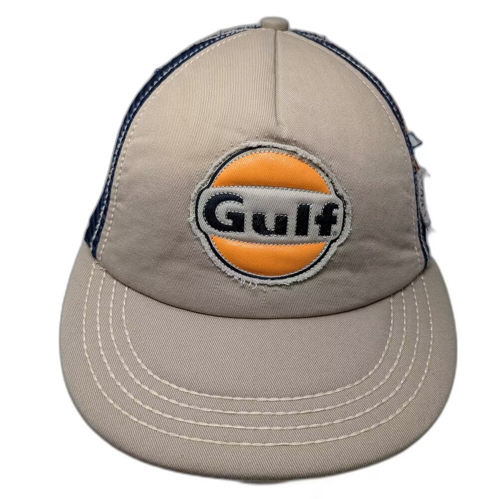 Gulf Trucker Hat Beige Blue OS Snapback Mesh 1963 Distressed Patch Embroidered